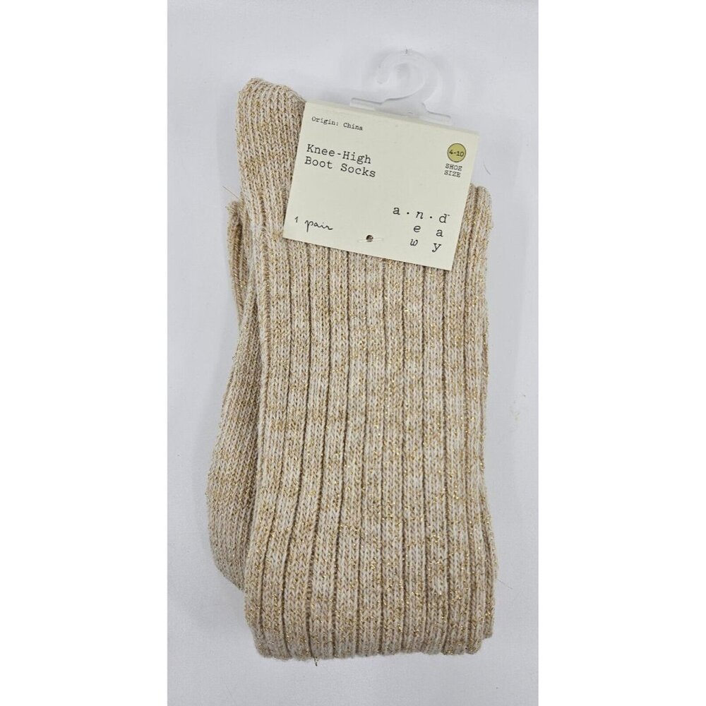 A New Day Women's Knit Ivory Cream Metallic Gold Knee-High Boot Socks Size 4-10